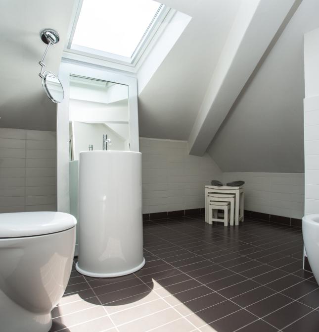 Modern, bright bathroom with skylight and clean lines, creating a relaxing atmosphere.