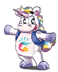 Unicorno colorato con zaino, simbolo arcobaleno sul pancino, espressione felice e accogliente.