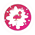 Logo con fenicottero rosa circondato da una cornice circolare con dettagli floreali.