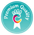 Etichetta tonda con scritta 'Premium Quality' e logo colorato su sfondo turchese.